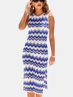 Cupshe- Cover Up-Sleeveless Blue & White Chevron Knit-NWOT